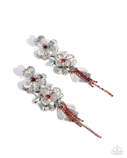 Classical Cadenza - Red Rhinestone Silver Flower Chandelier Style Earring Paparazzi E2512