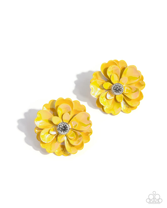 Growth Rate - Yellow UV Shimmer Metallic Flower Post Earring Paparazzi E2561
