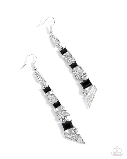Cascading Cred - Black Gem & White Rhinestone Tapered Earring Paparazzi E2720