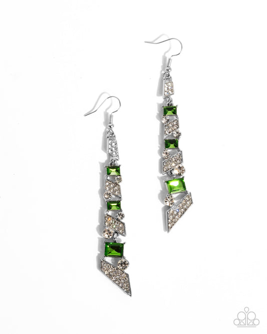 Cascading Cred - Green Emerald Gem & White Rhinestone Earring Paparazzi E2722
