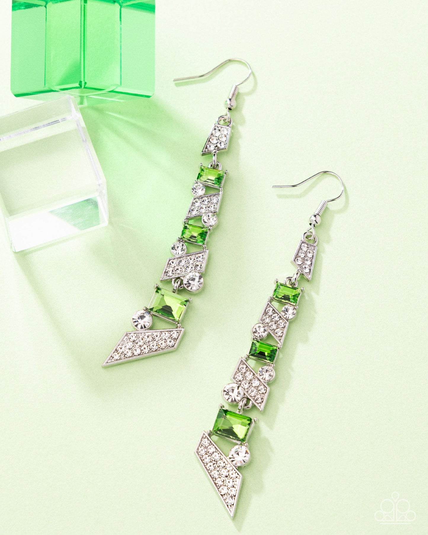 Cascading Cred - Green Emerald Gem & White Rhinestone Earring Paparazzi E2722