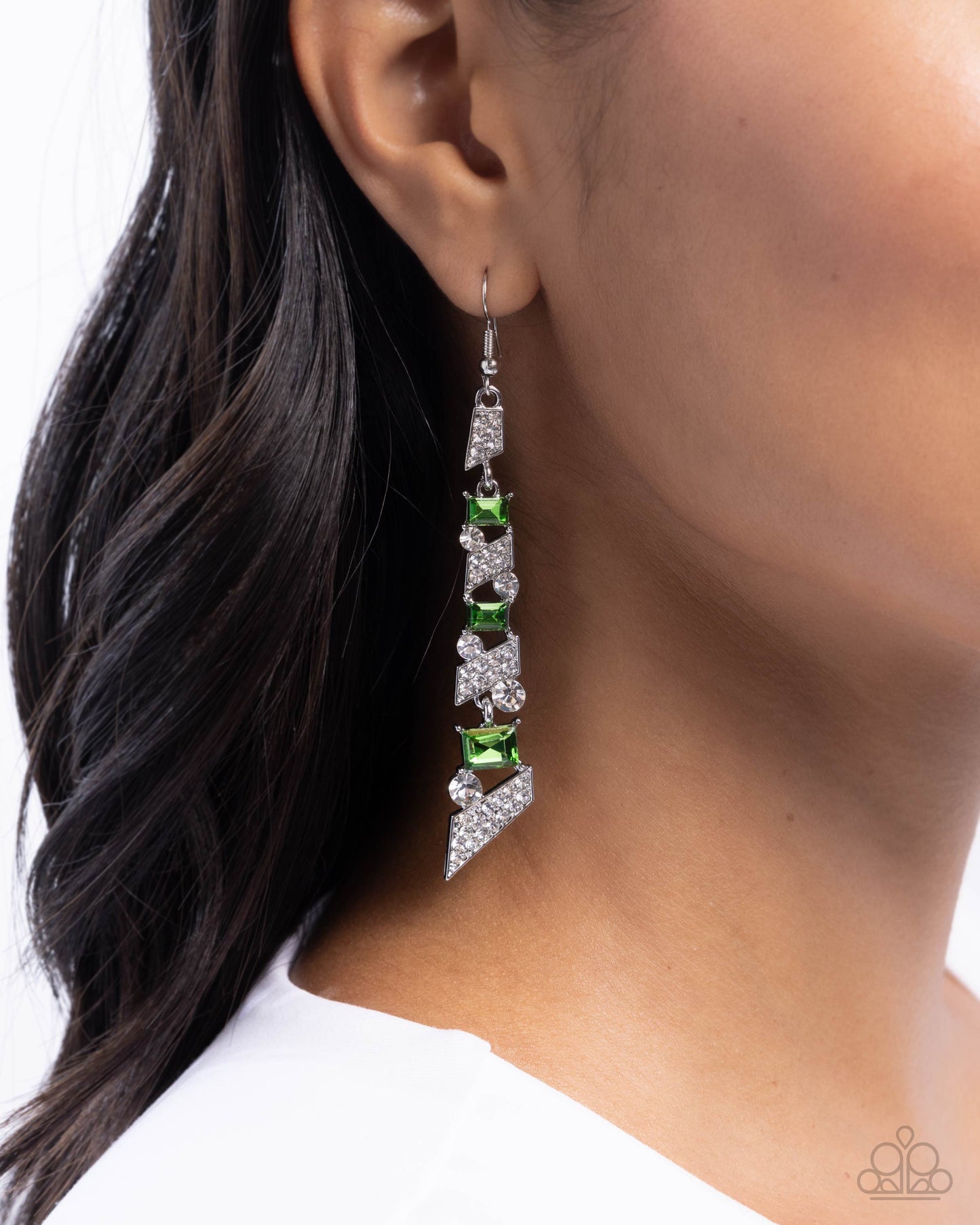 Cascading Cred - Green Emerald Gem & White Rhinestone Earring Paparazzi E2722