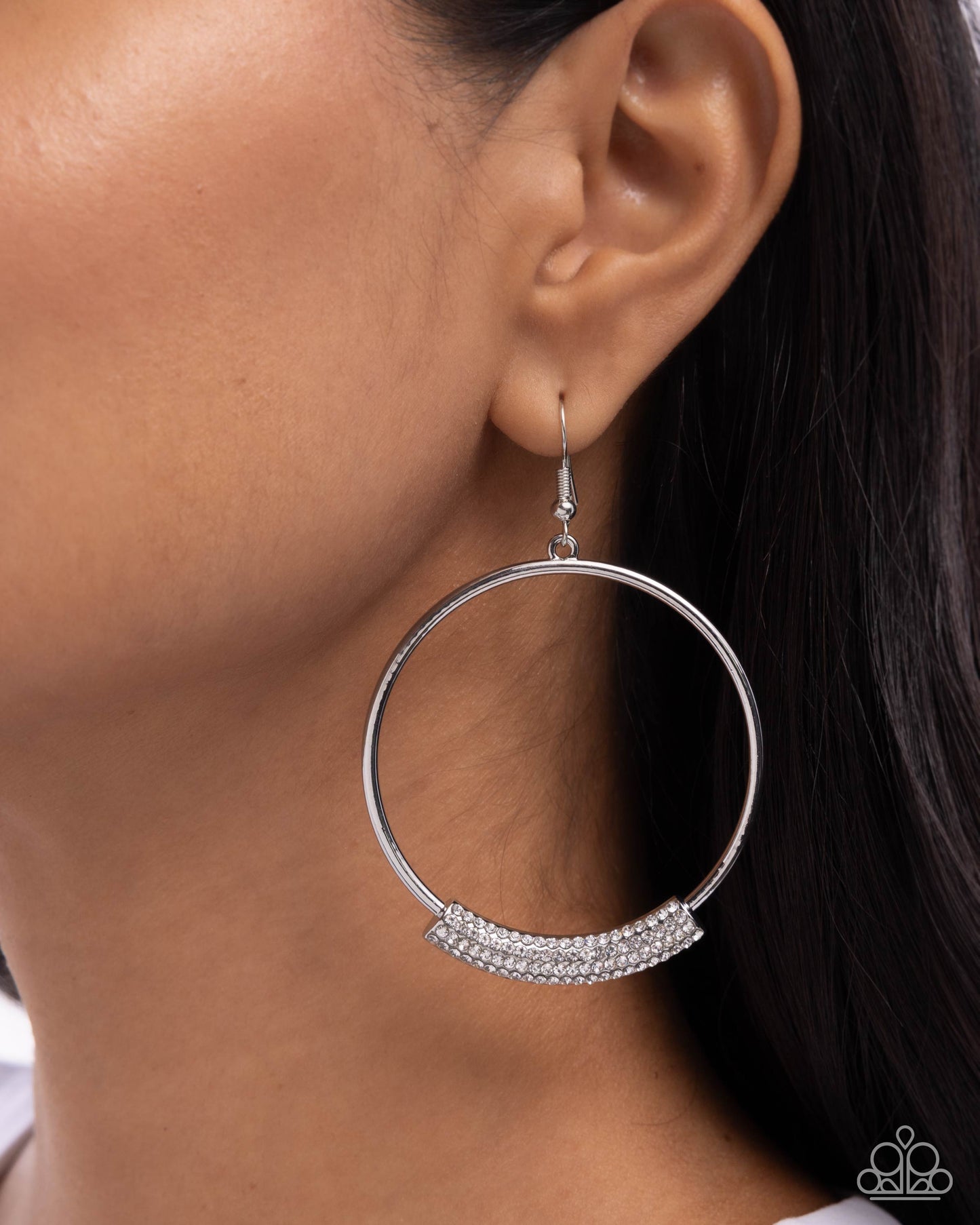 Sassy Story - White Rhinestone Silver Hoop Earring Paparazzi E2673