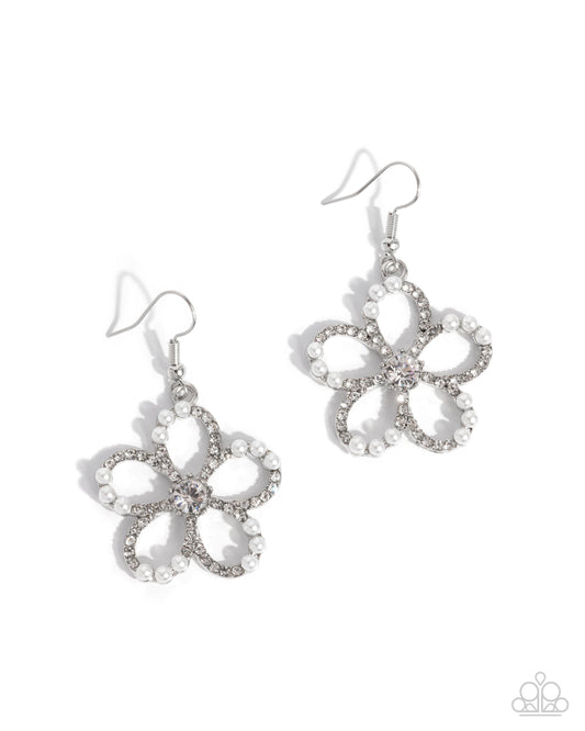 Paramount Pearls - White Rhinestone & Pearl Flower Earring Paparazzi E2668