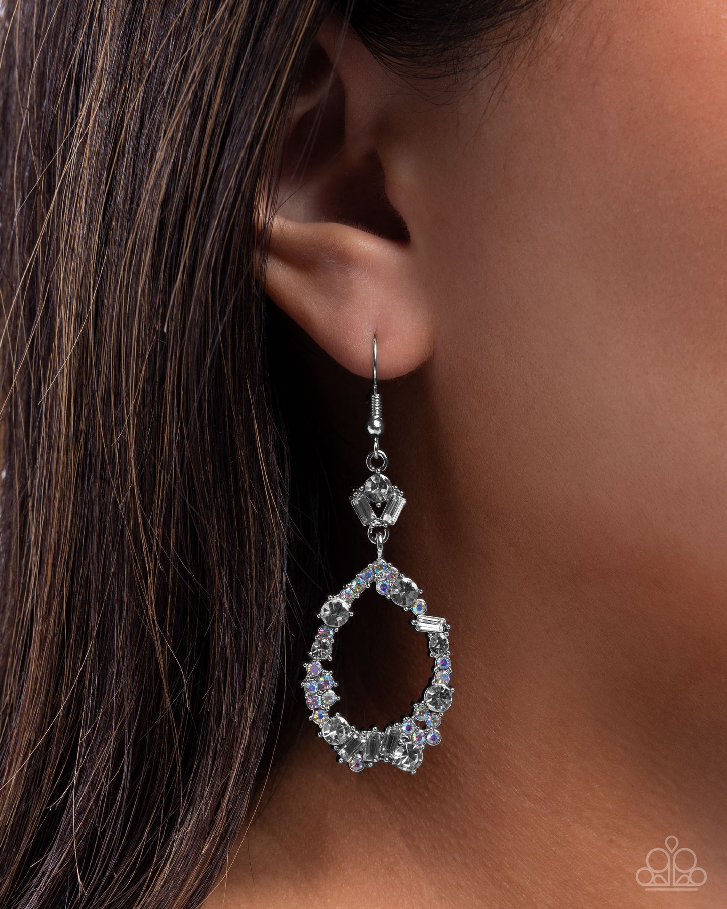 Poppin Pizzazz - White & Iridescent Rhinestone Teardrop Earring Paparazzi