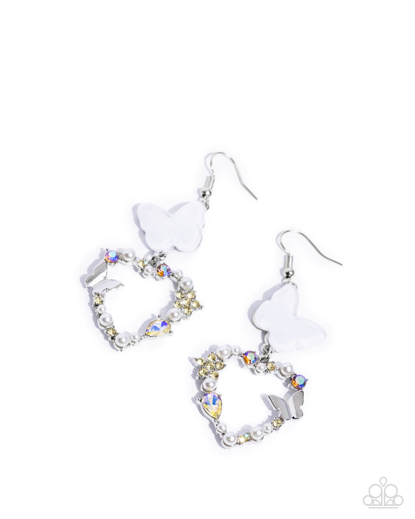 Flirty Flight - Yellow Rhinestone White Butterfly Earring Paparazzi E2639
