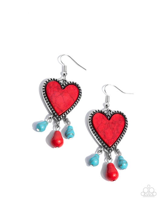Grandiose Gaze - Red Stone Heart & Turquoise Teardrop Stone Fringe Earring Santa Fe Style Paparazzi E2921