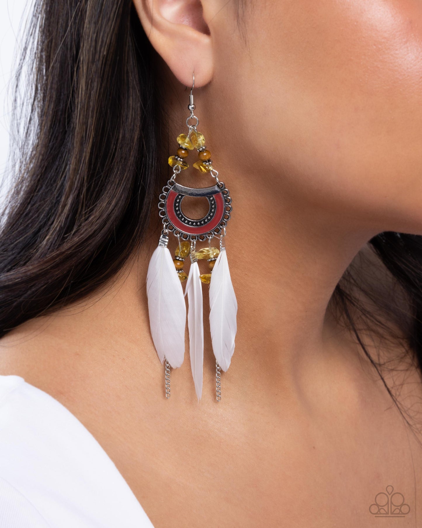 Serene Stage - Yellow Stone, White Feather Earring Santa Fe Style Paparazzi