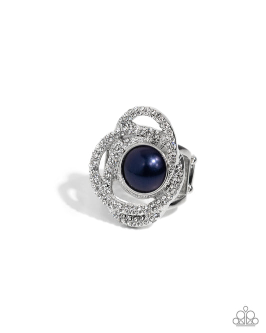 Concentric Chic - Blue Montana Pearl & White Rhinestone Swirled Ring Paparazzi R1056