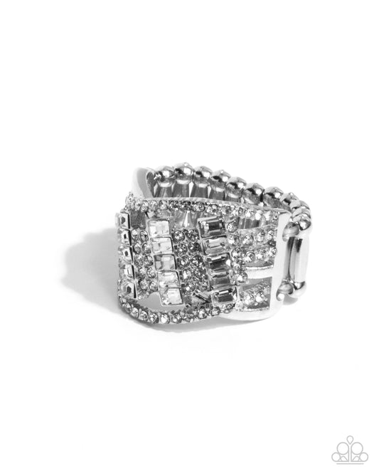 Confident Crisscross - White Rhinestone, Baguette Cut Gem Crisscross Pattern Ring Paparazzi R1110