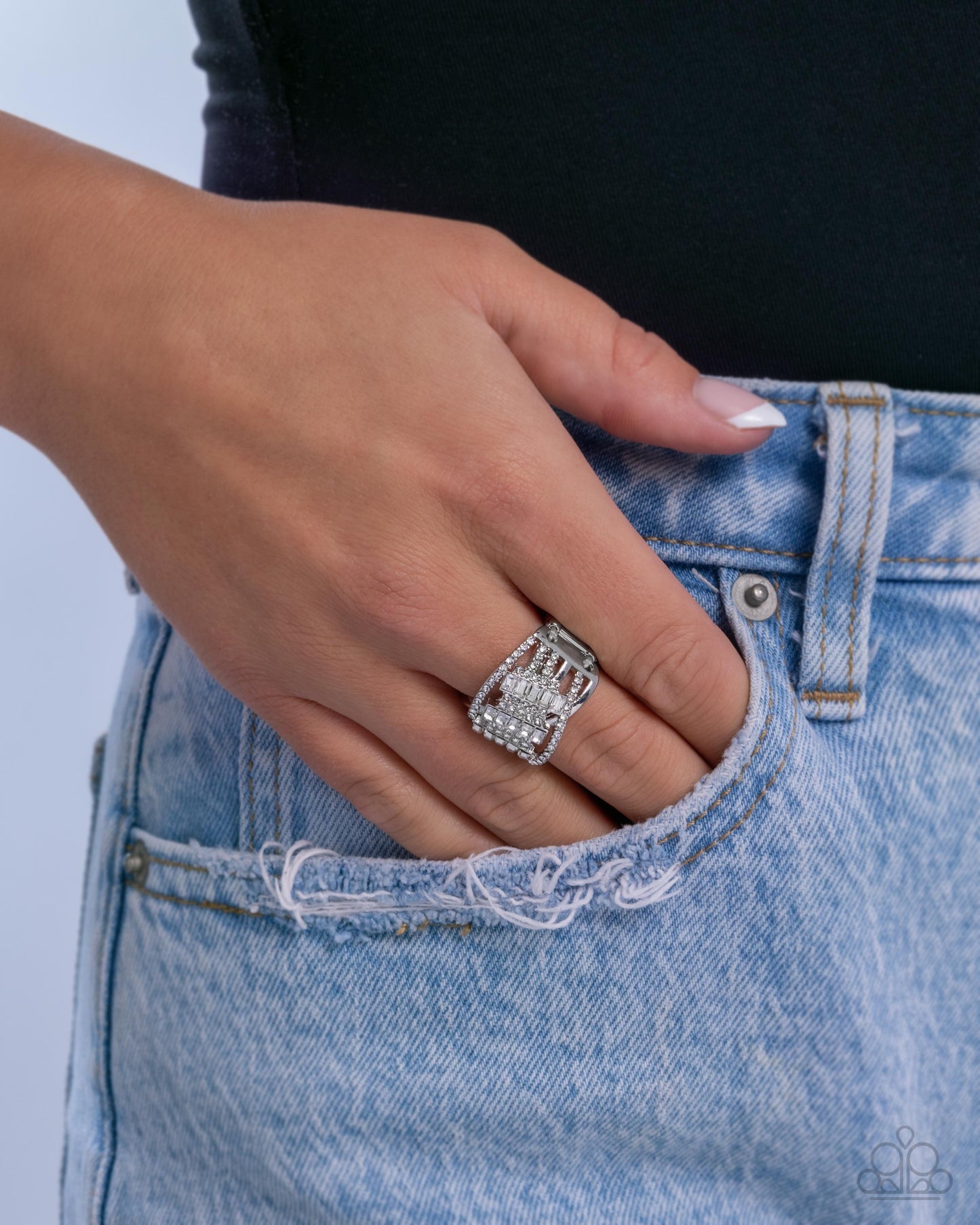 Confident Crisscross - White Rhinestone, Baguette Cut Gem Crisscross Pattern Ring Paparazzi R1110