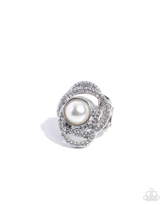 Concentric Chic - White Rhinestone & Pearl, Silver Oval Statement Ring Paparazzi R0981