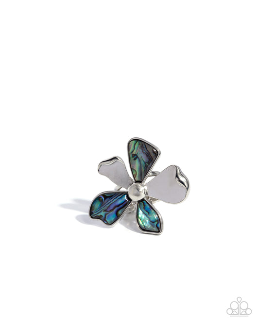 Heroic Tale - Blue Abalone Shell Petal & Silver Flower Ring Paparazzi R1066