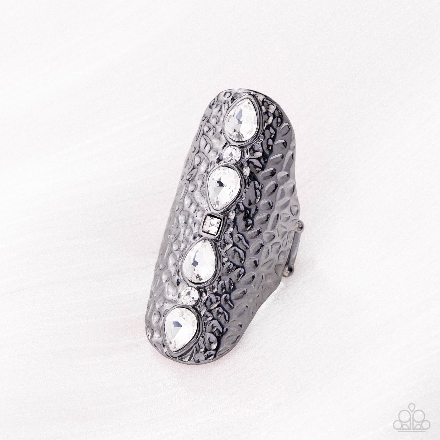 Double Take Dazzle - Black Hammered Gunmetal & White Rhinestone Statement Ring Paparazzi R1029
