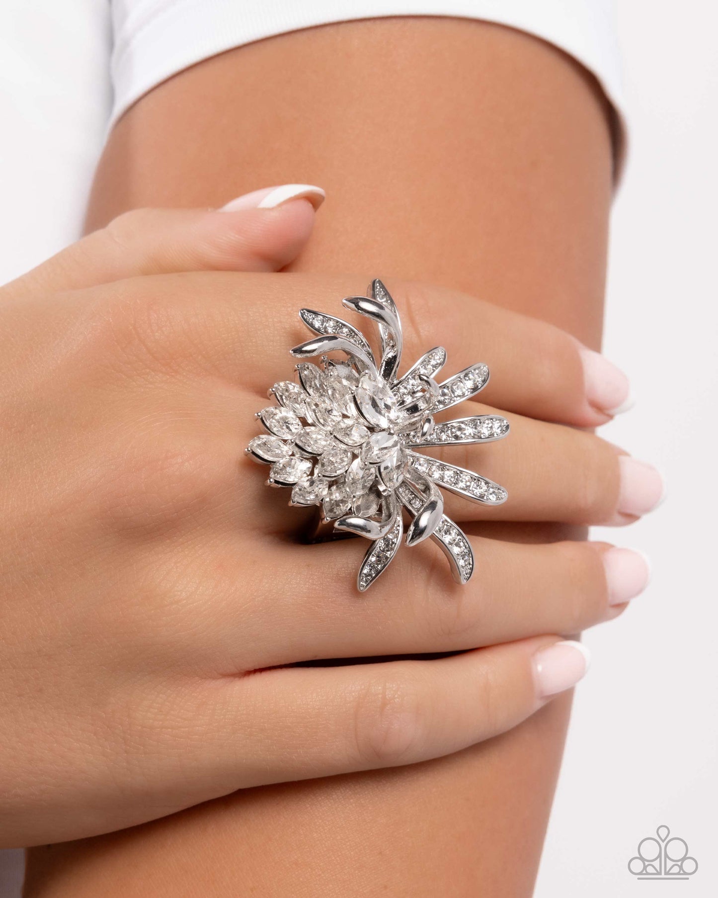 Lotus Legacy - White Lotus Flower Style Oversized Statement Ring Paparazzi R0959
