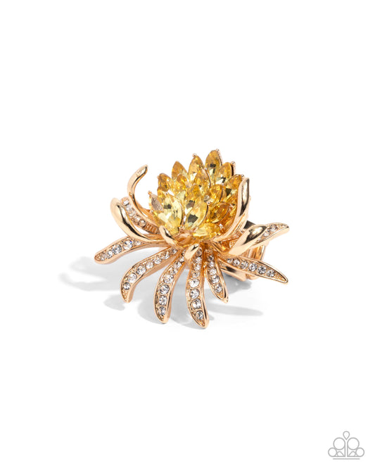 Lotus Legacy - Yellow Gem & Gold Lotus Flower Statement Ring Paparazzi R0993