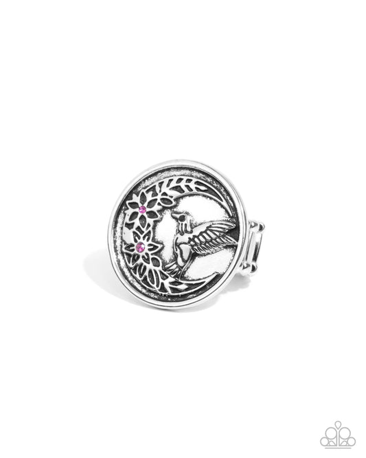Hummingbird Project - Pink Rhinestone Silver Hummingbird Ring Paparazzi R0968