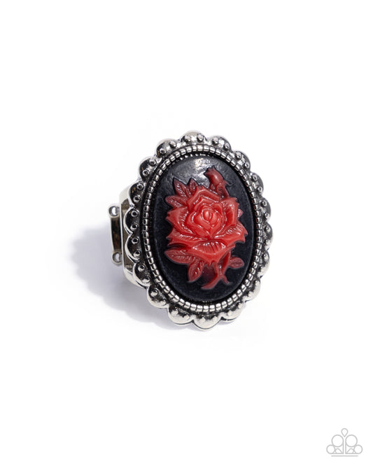 Beautiful Bloom - Red Flower Black Background Ring Paparazzi R0958