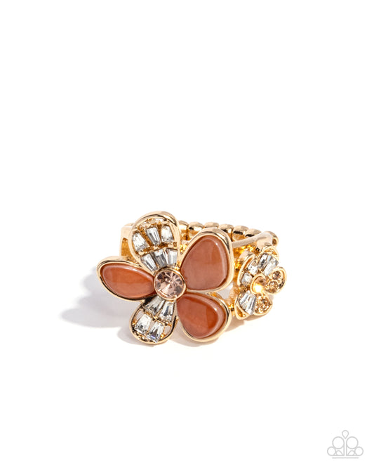 A Dizzy SHELL - Brown, Gold, Peach Rhinestone Flower Ring Paparazzi R0962