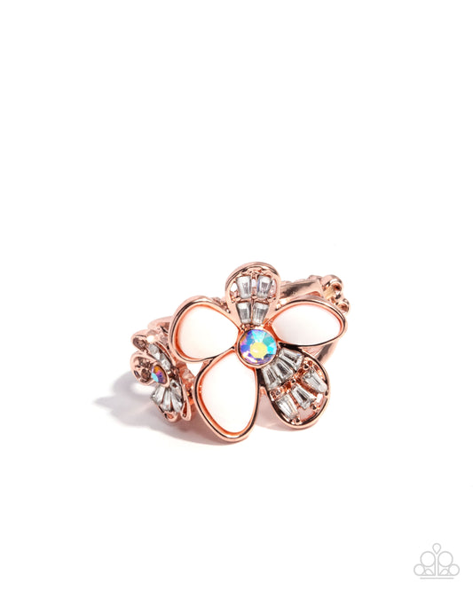 A Dizzy SHELL - Rose Gold White Shell Like & White Baguette Rhinestone Flower Ring Paparazzi R0893