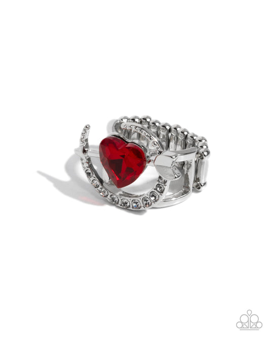 Cupid COUPLE - Red Heart Gem Silver Arrow Ring Paparazzi R0897