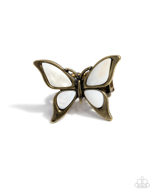 Suspended Story - Brass White Shell Butterfly Statement Ring Paparazzi R0976