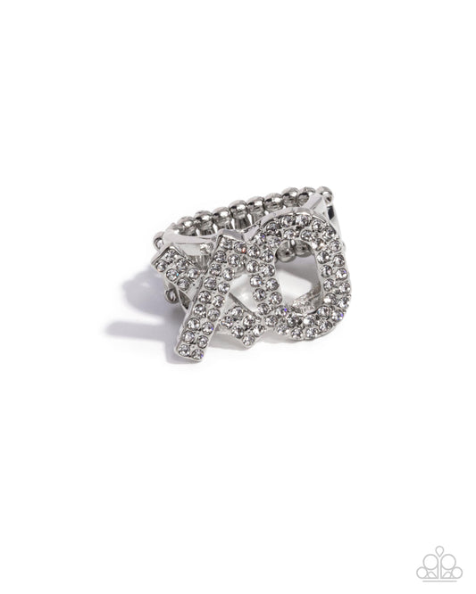 French Kisses - White Rhinestone Silver X & O Ring Paparazzi R0907