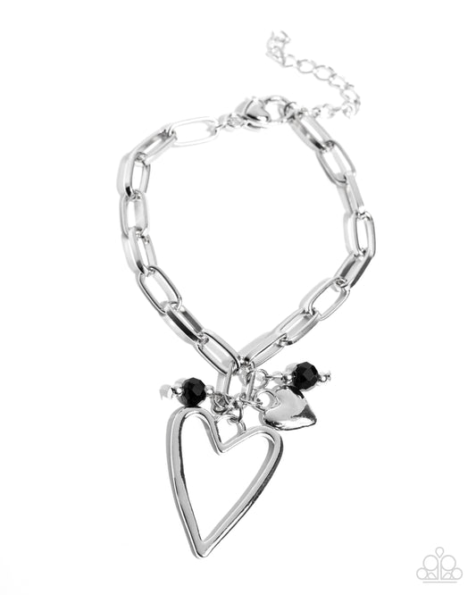 Emotional Eloquence - Black Faceted Bead Silver Heart Charm Bracelet Paparazzi B2139