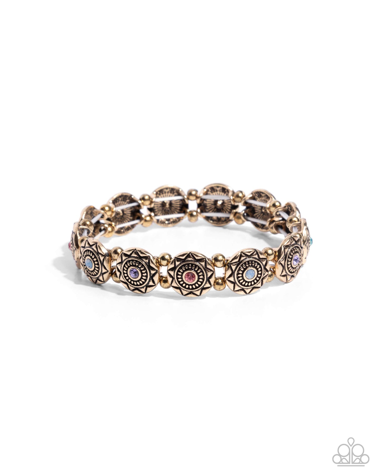 Traveling Texture - Purple, Blue, Peach Gem & Antiqued Gold Stretch Bracelet Paparazzi B2138