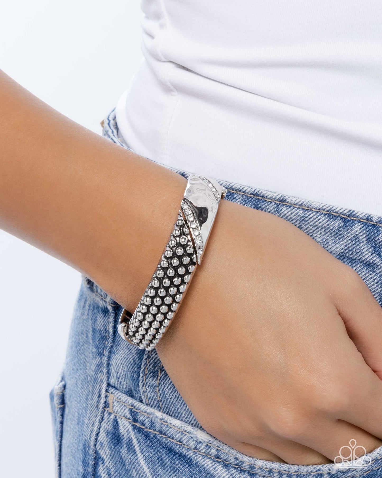 Good Time Grunge - White Rhinestone Silver Stretch Bracelet Paparazzi B2274