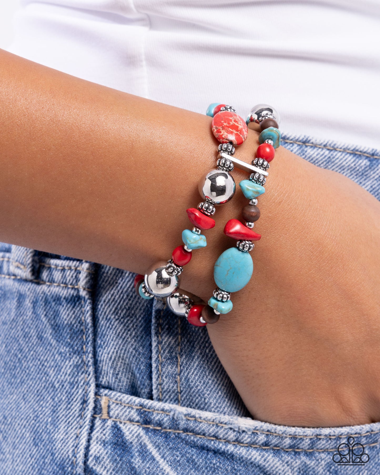Heroic Harmony - Red Marbled & Turquoise Stone Santa Fe Style Stretch Bracelet Paparazzi