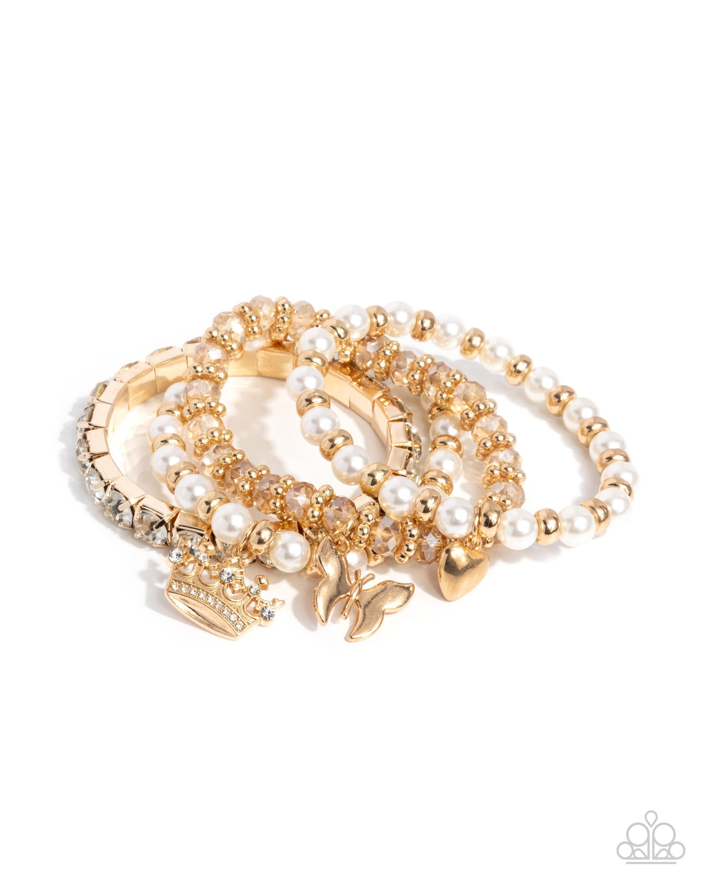 Feminine Charm - Gold & Peach Bead UV Shimmer Crown, Butterfly Charm Stretch Bracelet Set Of 4 Paparazzi B1977