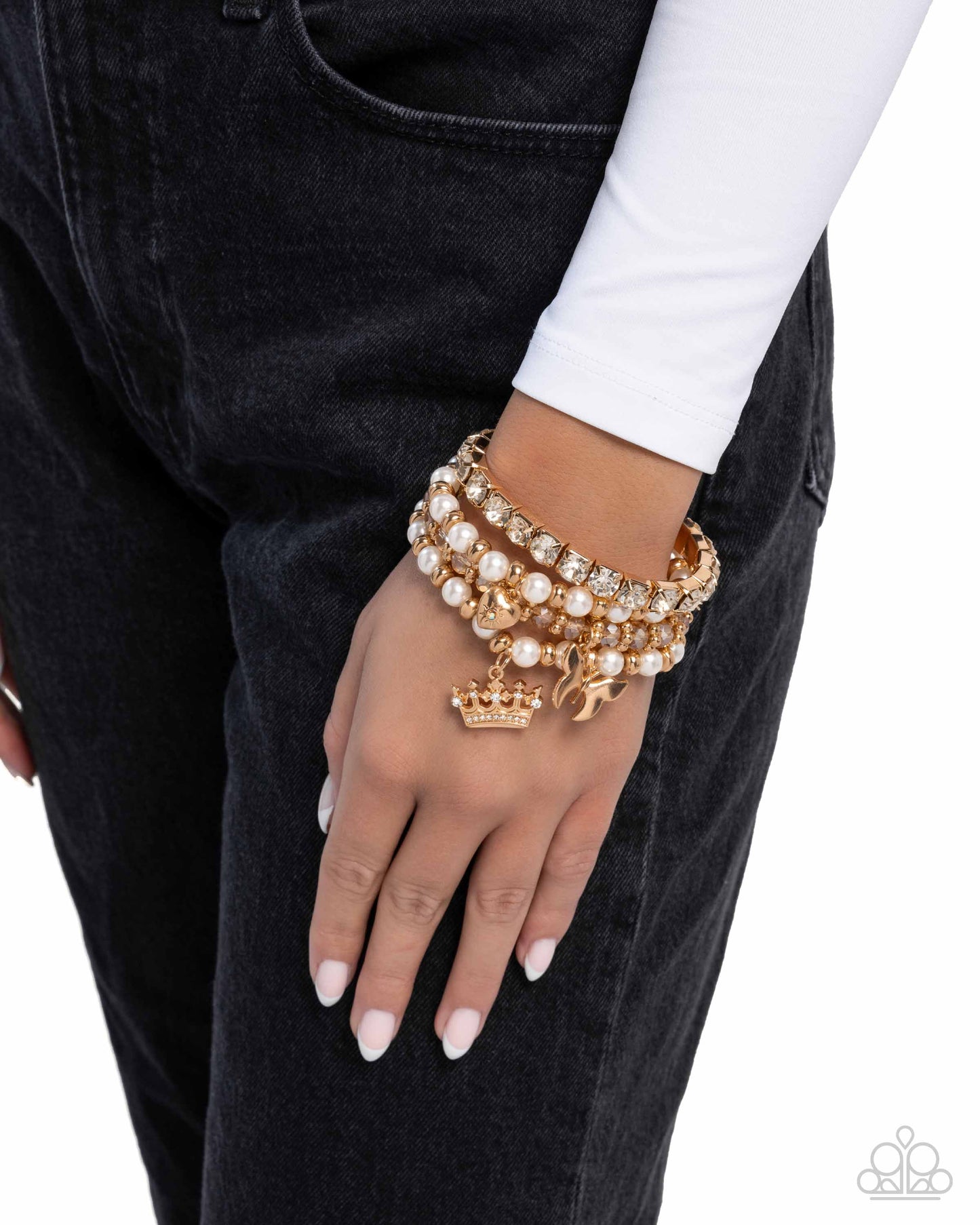 Feminine Charm - Gold & Peach Bead UV Shimmer Crown, Butterfly Charm Stretch Bracelet Set Of 4 Paparazzi B1977