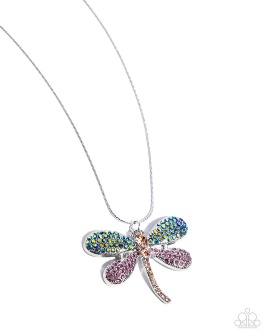 Dragonfly Defiance - Purple - Light Amethyst Iridescent & Blue Green Rhinestone Dragonfly Pendant Necklace Paparazzi N3234