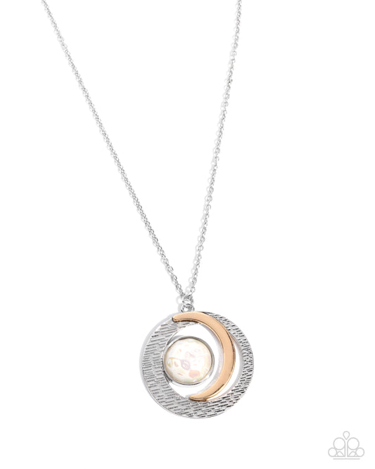 Lunar Month - White Iridescent Ivory Bead, Silver Frame & Gold Crescent Moon Pendant Necklace Paparazzi N3481