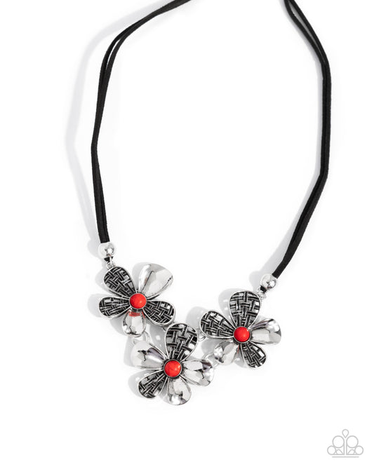 Woven Welcome - Red Stone Center & Silver Flower Necklace Paparazzi N3195