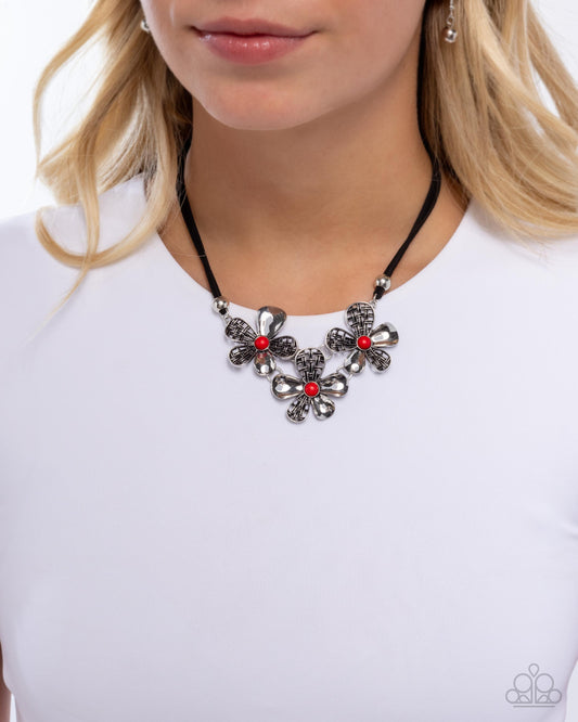 Woven Welcome - Red Stone Center & Silver Flower Necklace Paparazzi N3195