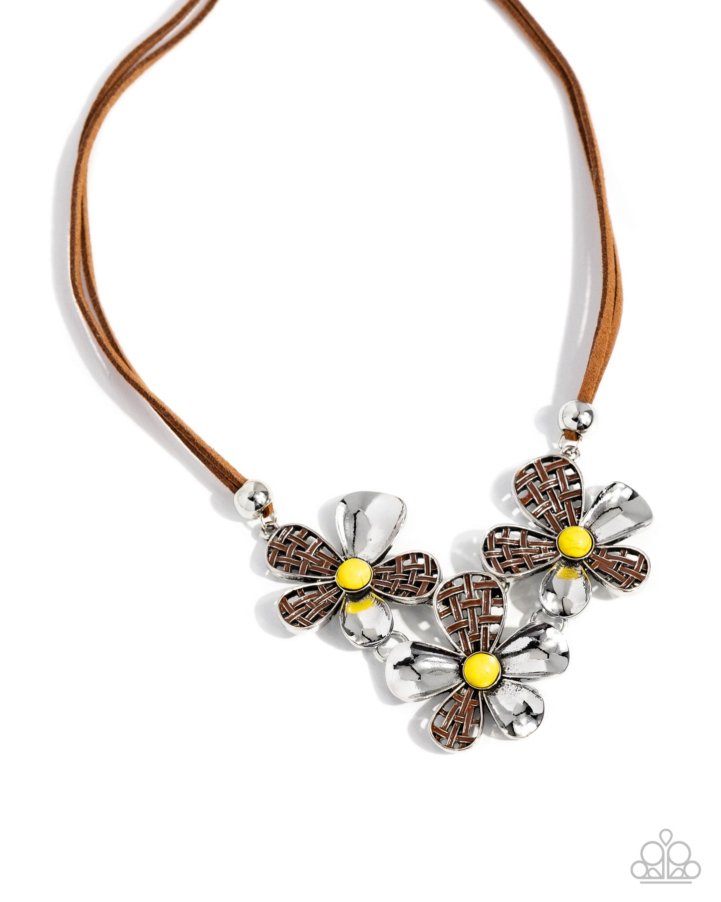 Woven Welcome - Yellow, Brown, Silver Flower & Suede Necklace Paparazzi