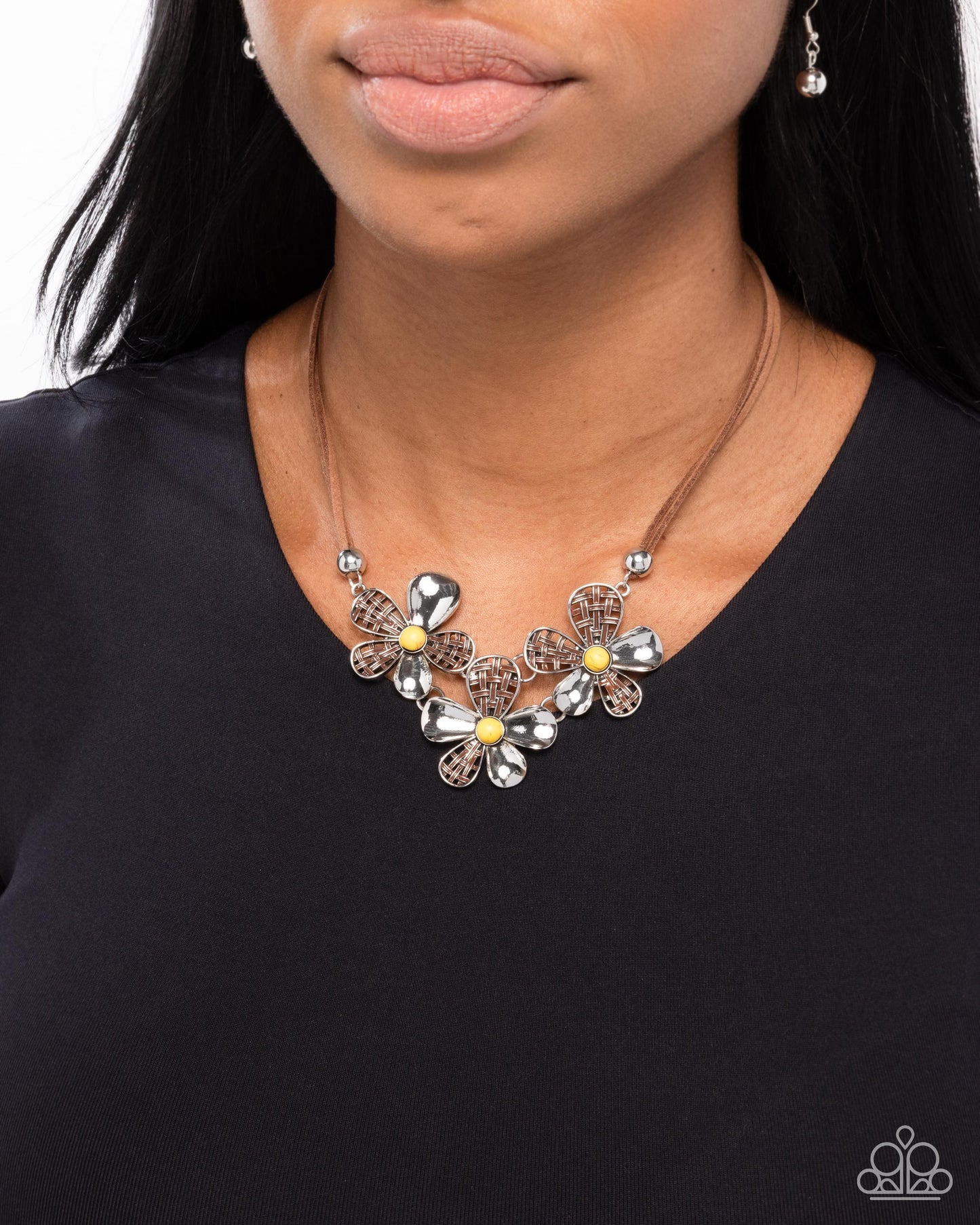 Woven Welcome - Yellow, Brown, Silver Flower & Suede Necklace Paparazzi