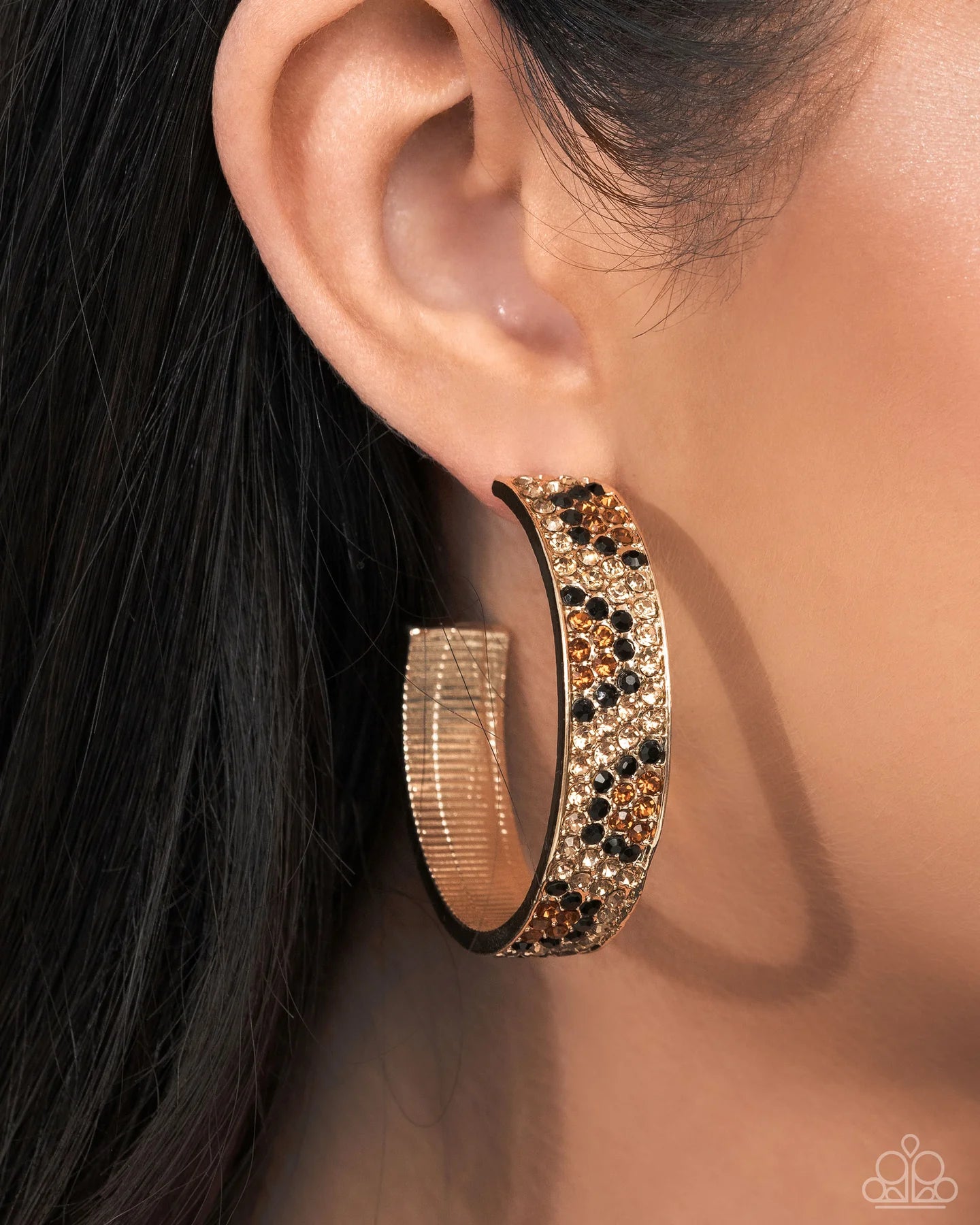 Cheetah Clique Gold Animal Print Rhinestone Hoop Earring Life Of The Party January 2025 Paparazzi E1480