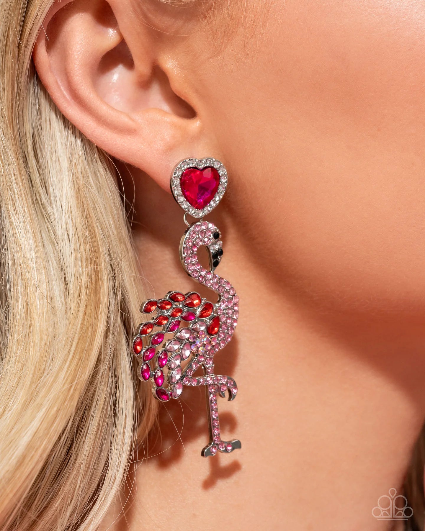 Flamingo Freestyle Pink Rhinestone Heart & Flamingo Post Earring Life Of The Party January 2025 Paparazzi E1809