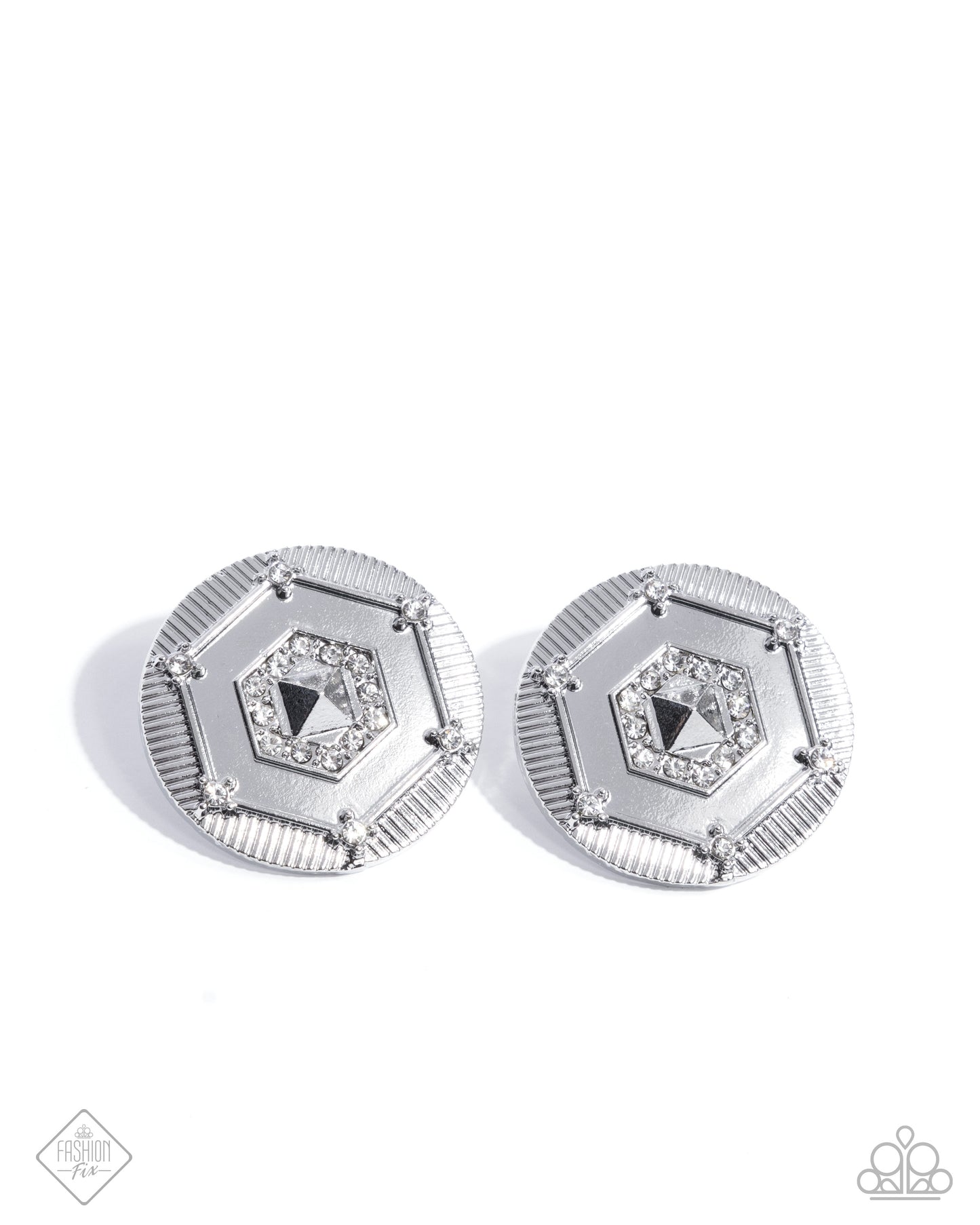 Enfolded Edge - White Rhinestone Silver Post Earring Magnificent Musings Fashion Fix January 2025 Paparazzi E2467