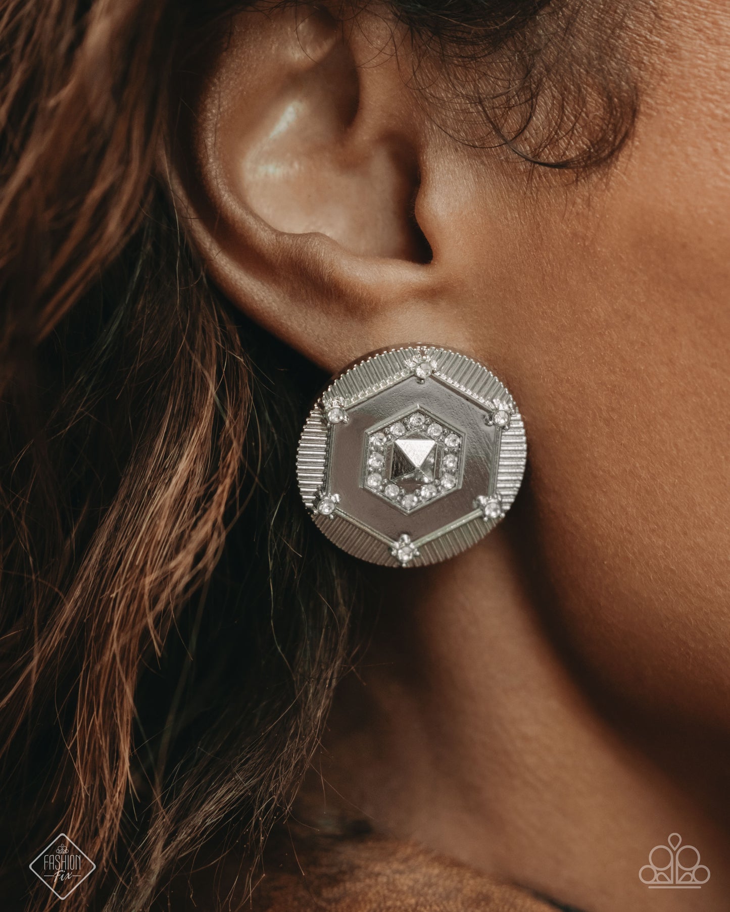 Enfolded Edge - White Rhinestone Silver Post Earring Magnificent Musings Fashion Fix January 2025 Paparazzi E2467