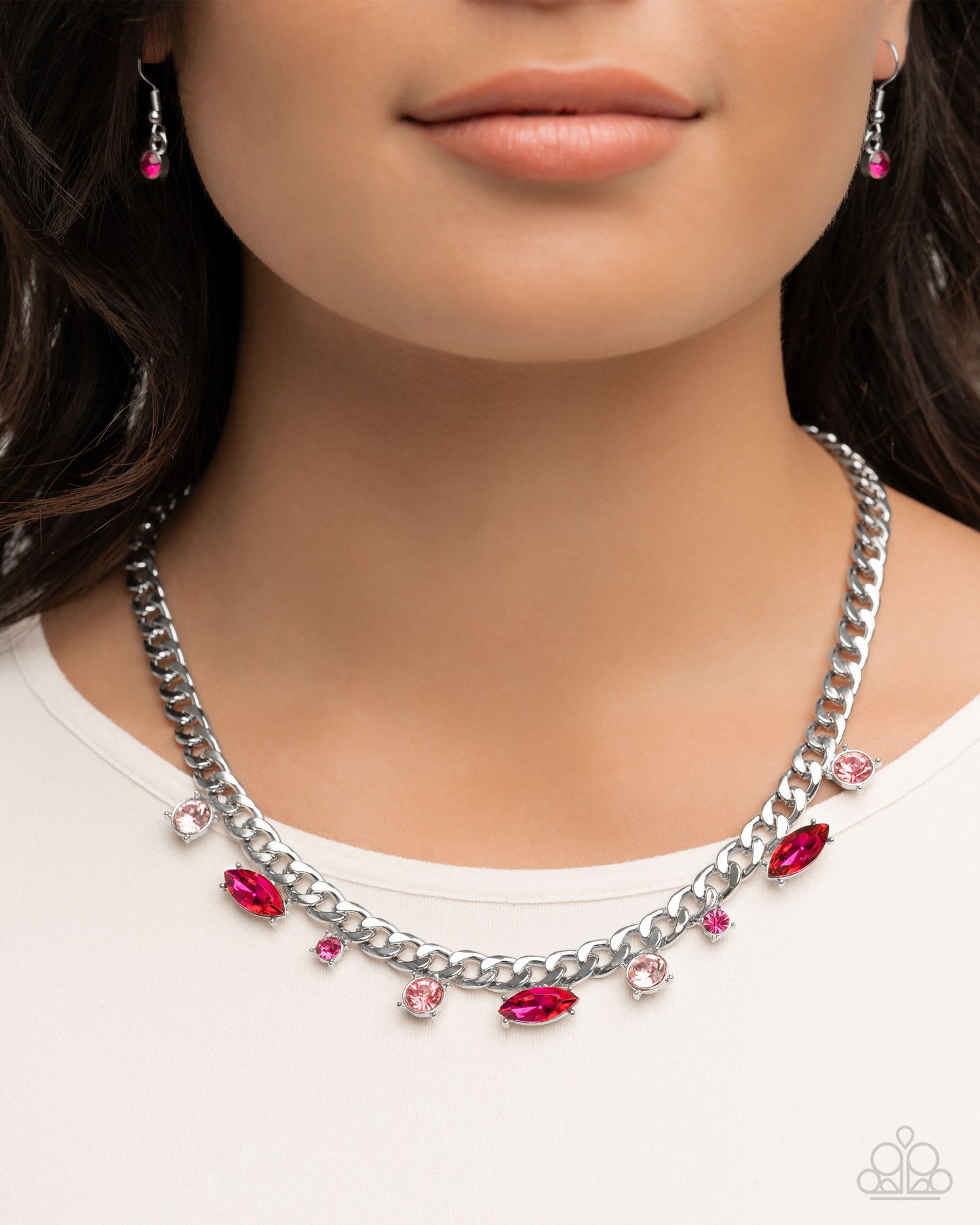 Complete Look Pink & Fuchsia Rhinestone Captivating Chic Necklace & Captivating Chance Bracelet Set Paparazzi