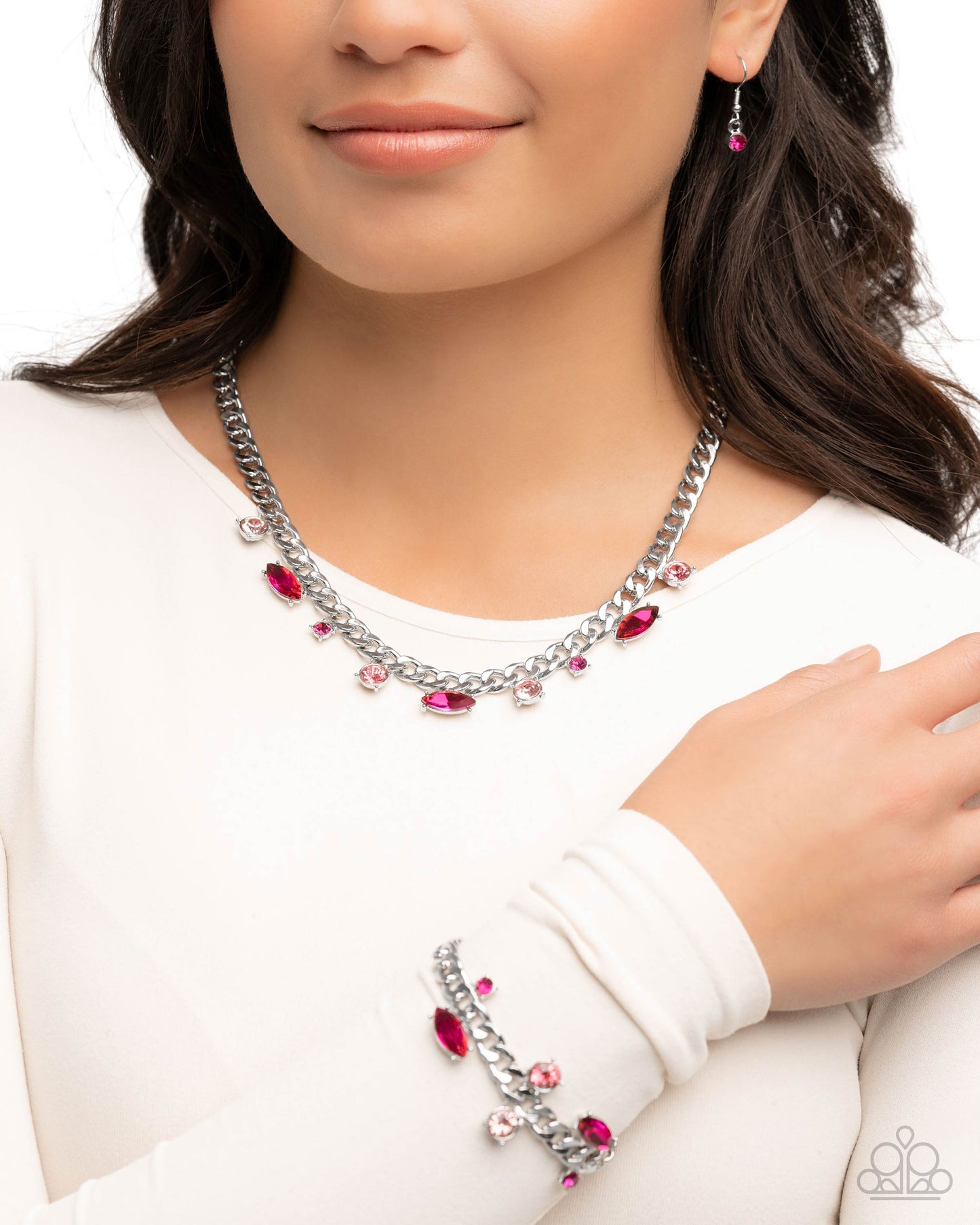 Complete Look Pink & Fuchsia Rhinestone Captivating Chic Necklace & Captivating Chance Bracelet Set Paparazzi