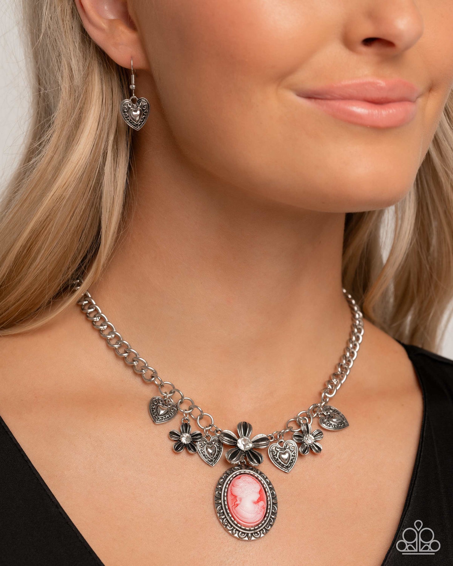 Complete Look Necklace: Vintage Story - Red Cameo Style & Bracelet: Ageless Account Red Silver Flower Paparazzi N3592