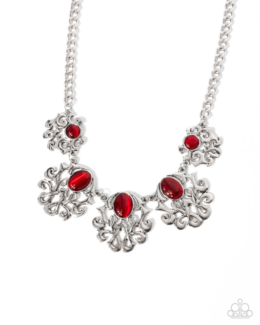 Midsummer Masterpiece - Red Cat's Eye Stone Silver Filigree Necklace Paparazzi N3292