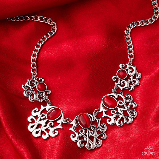 Midsummer Masterpiece - Red Cat's Eye Stone Silver Filigree Necklace Paparazzi N3292