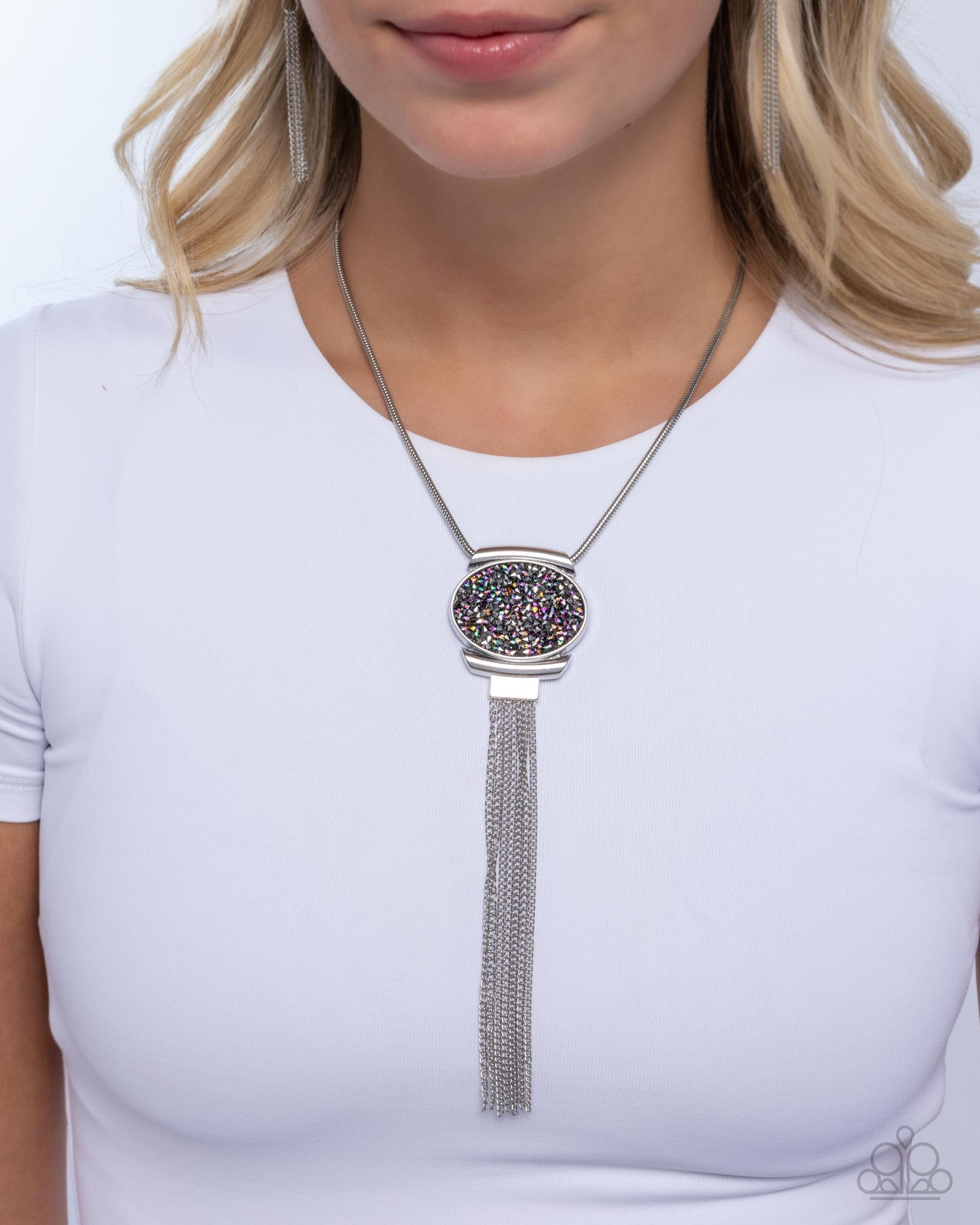 Chained Complication - Silver Hematite Rhinestone Tassel Silver Necklace Paparazzi N2917