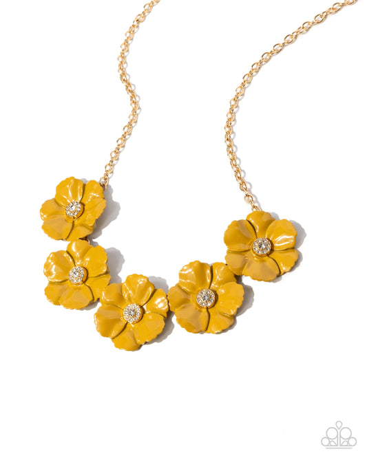 Floral Favor - Yellow Golden Palm Metal Painted Flower Necklace Paparazzi N3363
